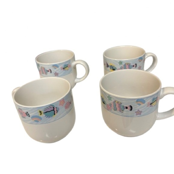Vintage 1991 Vitromaster Sea Side Pattern Set of Four Coffee Mugs - Picture 1 of 14